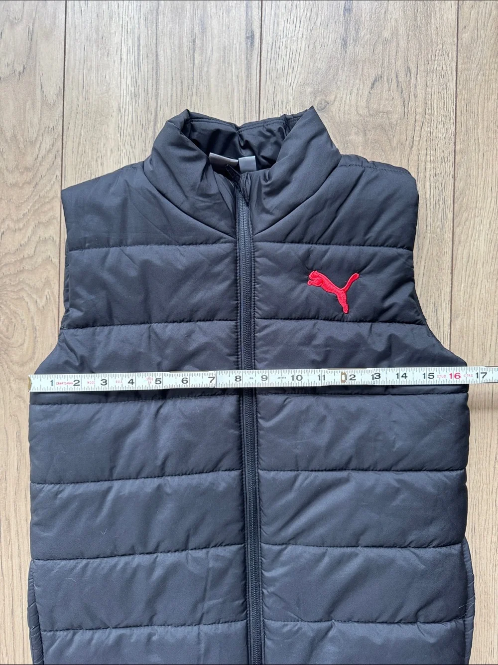 Puma Puffer Vest Youth Boys Medium 10-12 Black Red Full Zip Sleeveless Jacket